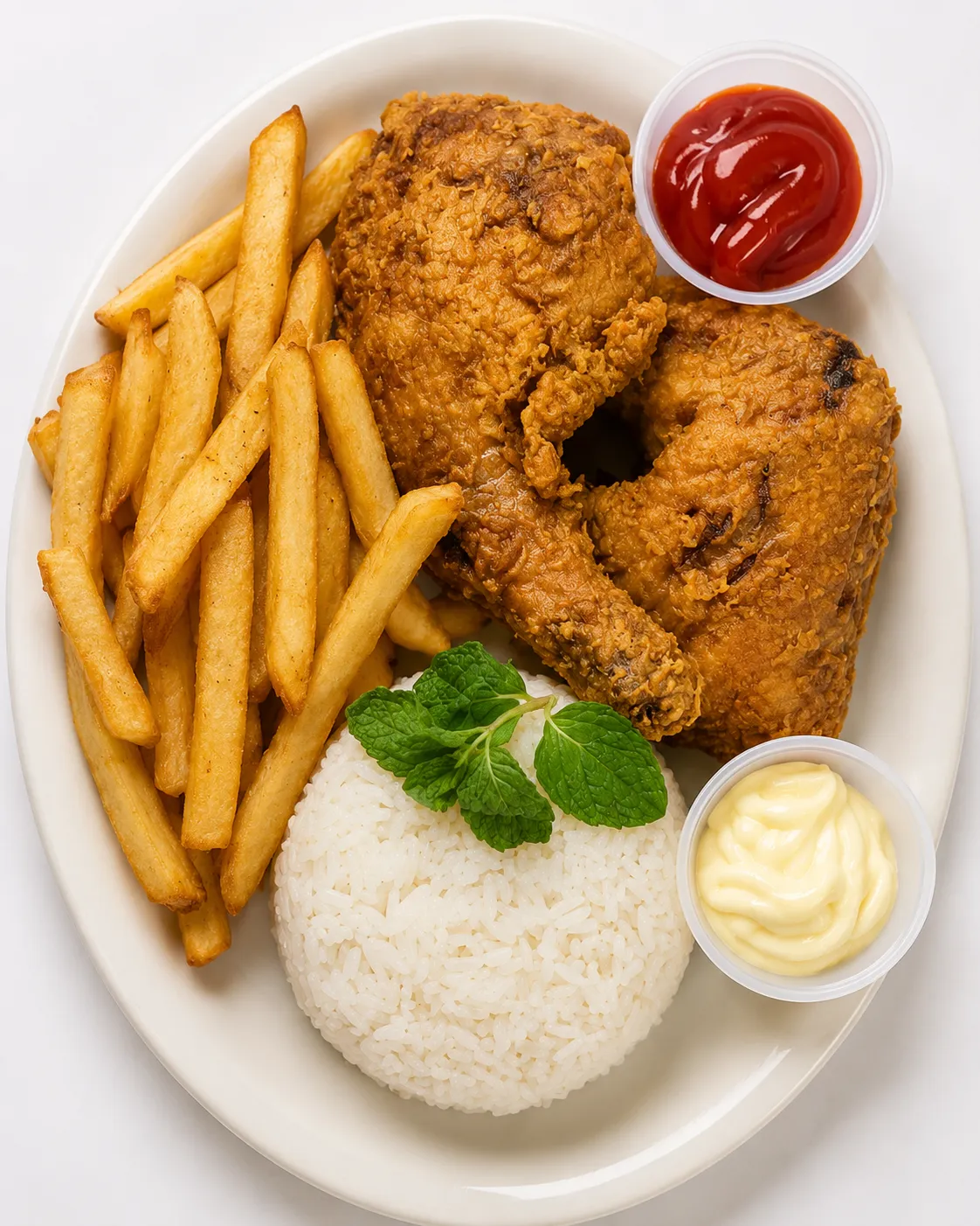 Pollo frito con arroz y papas at Tikal Deli in Stamford CT